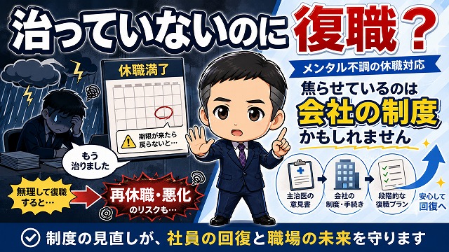 治っていないのに復職しようとする人がいます。焦らせているのは、会社の制度かもしれません。
